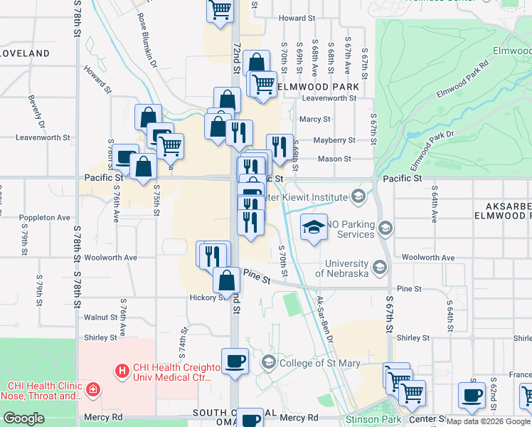 map of restaurants, bars, coffee shops, grocery stores, and more near 1221 South 71st Street in Omaha