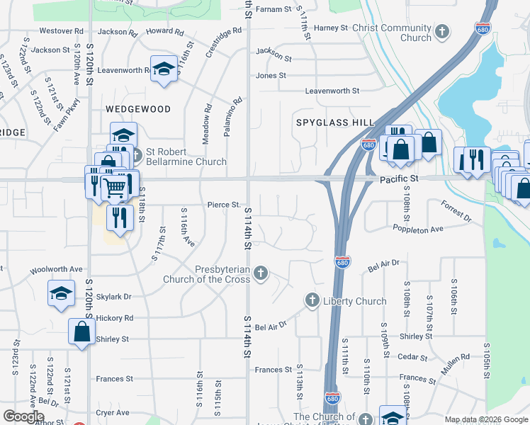 map of restaurants, bars, coffee shops, grocery stores, and more near 11320 Pierce Plaza in Omaha