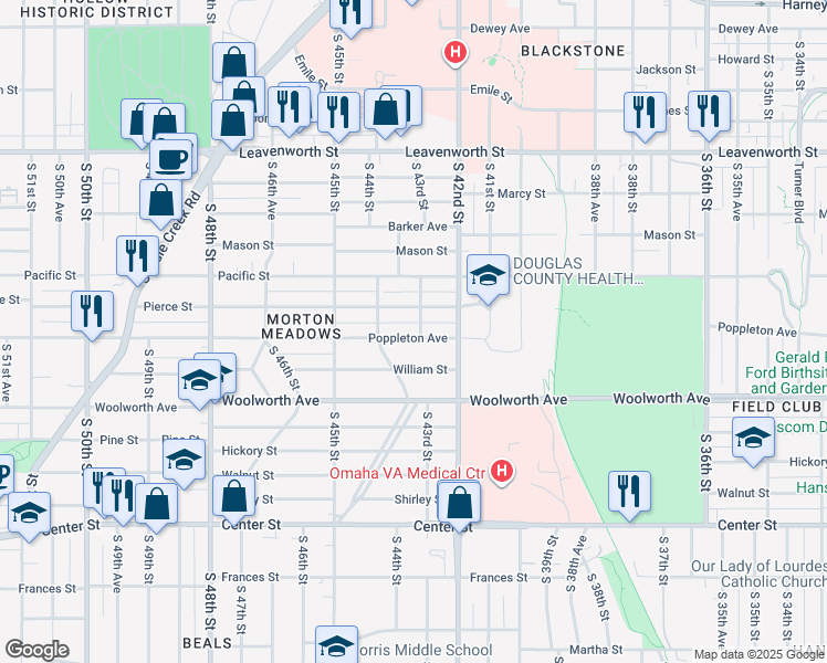 map of restaurants, bars, coffee shops, grocery stores, and more near 1220 South 43rd Street in Omaha