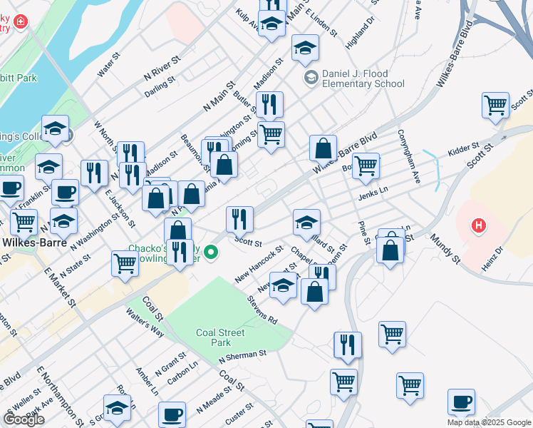 map of restaurants, bars, coffee shops, grocery stores, and more near 72 Kidder St in Wilkes-Barre
