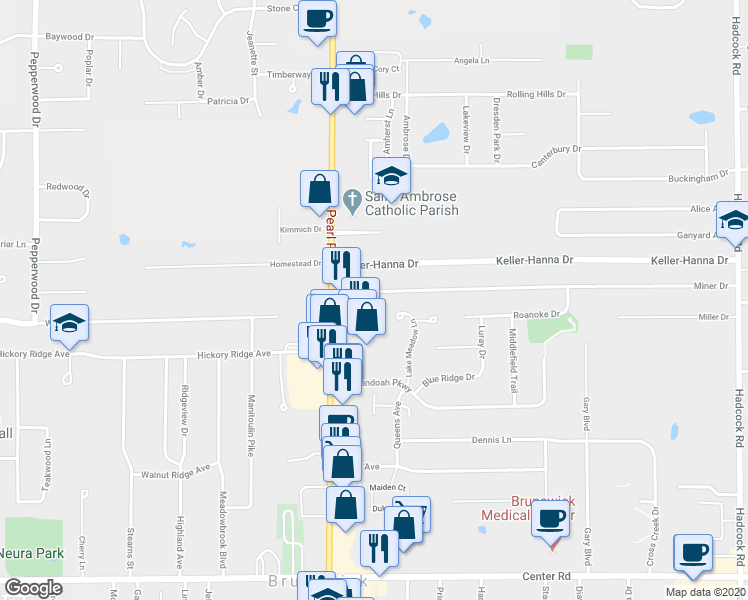 map of restaurants, bars, coffee shops, grocery stores, and more near 4262 Miner Drive in Brunswick
