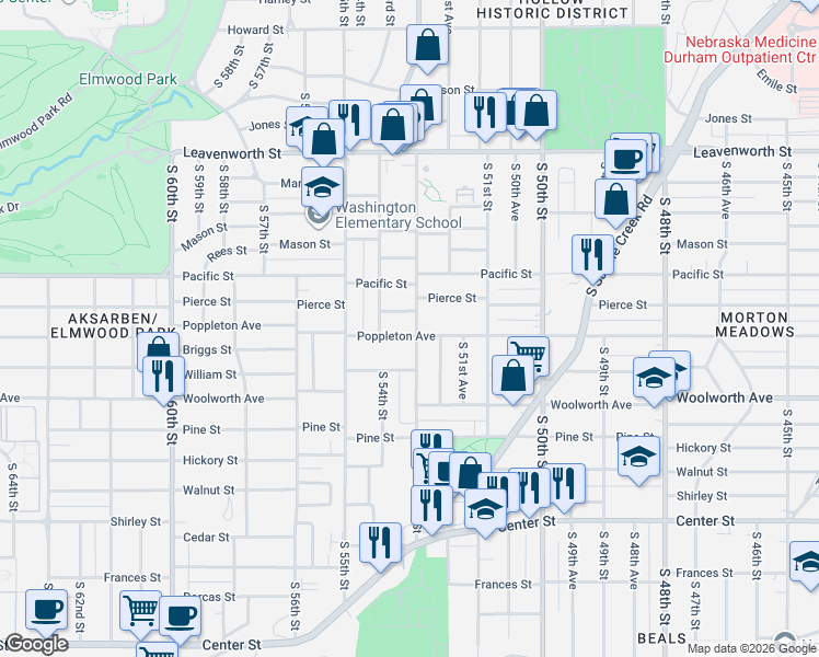 map of restaurants, bars, coffee shops, grocery stores, and more near 1224 South 52nd Street in Omaha