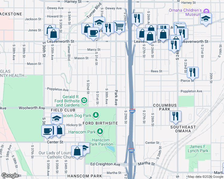 map of restaurants, bars, coffee shops, grocery stores, and more near 2962 Poppleton Avenue in Omaha