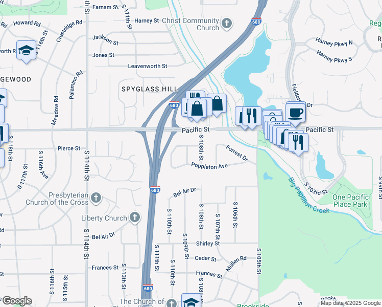 map of restaurants, bars, coffee shops, grocery stores, and more near 1227 South 109th Street in Omaha