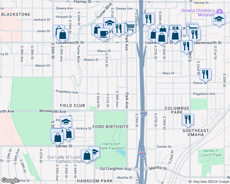 map of restaurants, bars, coffee shops, grocery stores, and more near in Omaha