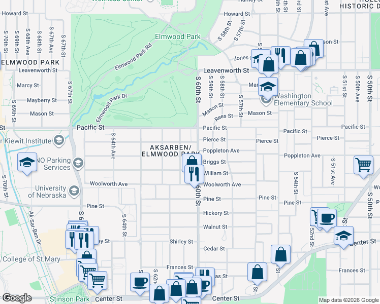 map of restaurants, bars, coffee shops, grocery stores, and more near 6028 Poppleton Avenue in Omaha