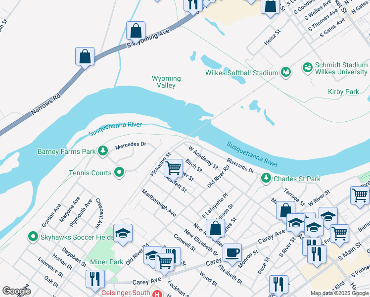 map of restaurants, bars, coffee shops, grocery stores, and more near 450 West Academy Street in Wilkes-Barre