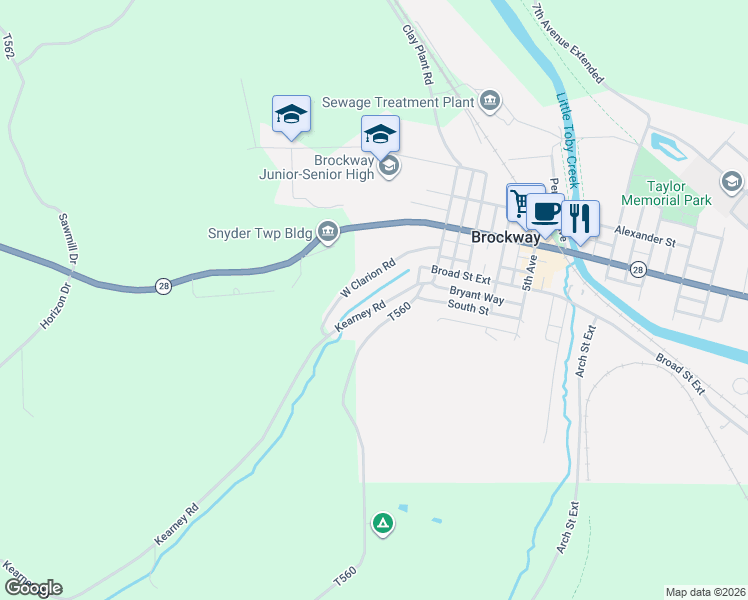 map of restaurants, bars, coffee shops, grocery stores, and more near 3455 Kearney Road in Brockway