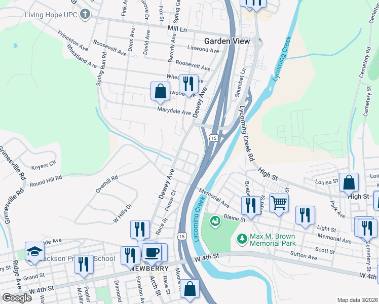 map of restaurants, bars, coffee shops, grocery stores, and more near Cenpro Lane in Williamsport