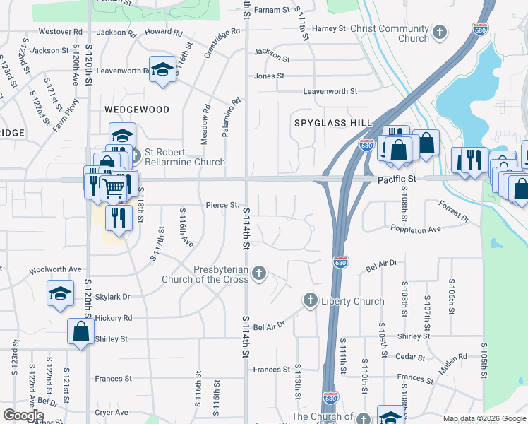map of restaurants, bars, coffee shops, grocery stores, and more near 11320 Pierce Plaza in Omaha