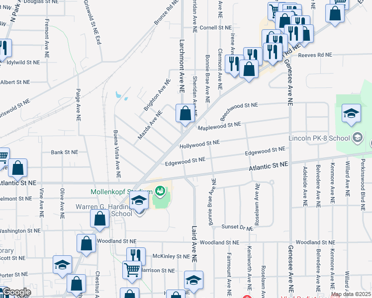 map of restaurants, bars, coffee shops, grocery stores, and more near 1114 Hollywood Street Northeast in Warren