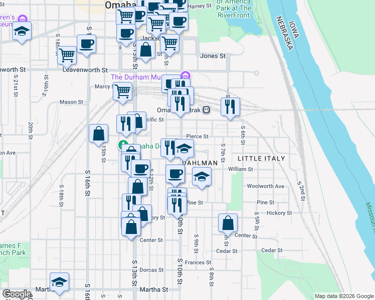 map of restaurants, bars, coffee shops, grocery stores, and more near 1226 South 10th Street in Omaha