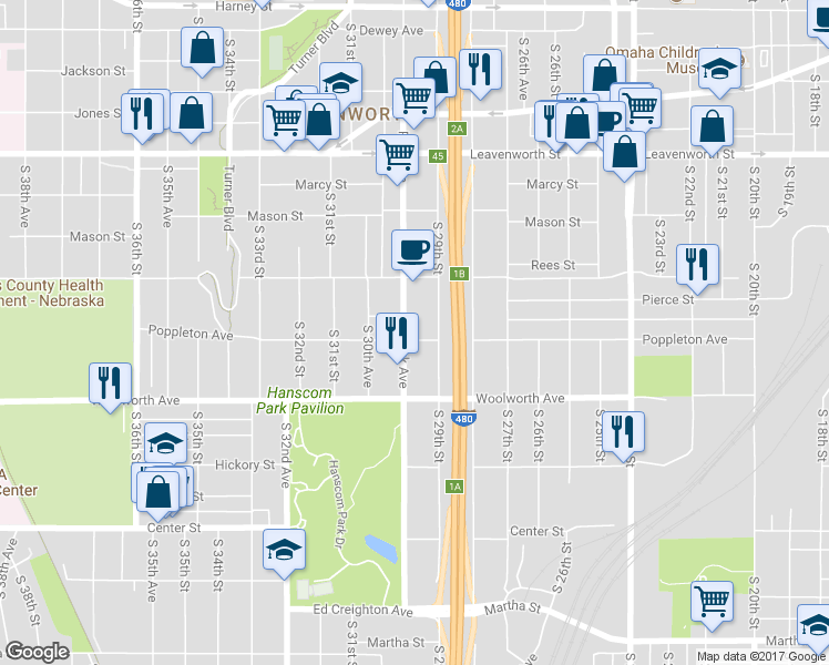 map of restaurants, bars, coffee shops, grocery stores, and more near in Omaha