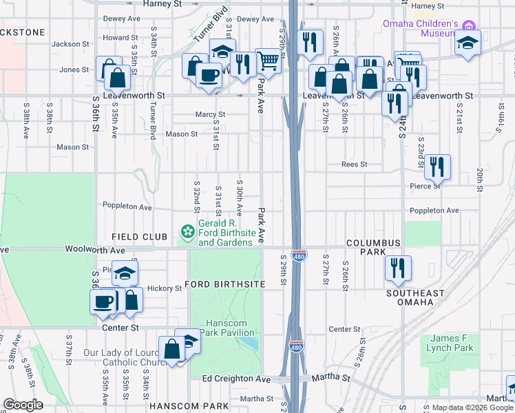 map of restaurants, bars, coffee shops, grocery stores, and more near 2964 Poppleton Avenue in Omaha
