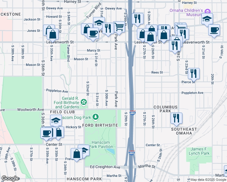 map of restaurants, bars, coffee shops, grocery stores, and more near 2964 Poppleton Avenue in Omaha