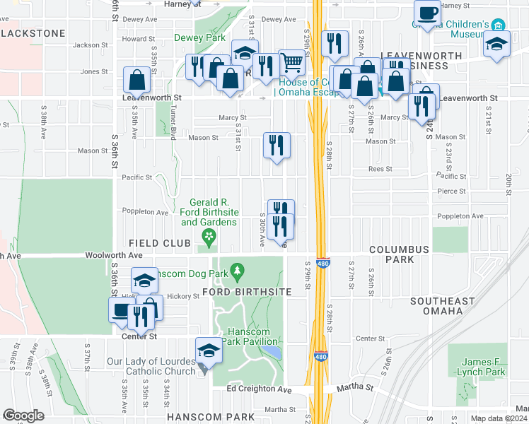 map of restaurants, bars, coffee shops, grocery stores, and more near 2964 Poppleton Avenue in Omaha