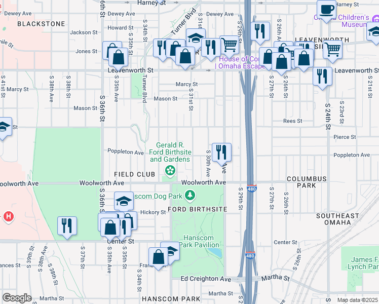 map of restaurants, bars, coffee shops, grocery stores, and more near 3124 Poppleton Avenue in Omaha