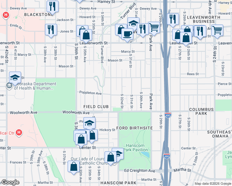map of restaurants, bars, coffee shops, grocery stores, and more near 3221 Poppleton Avenue in Omaha
