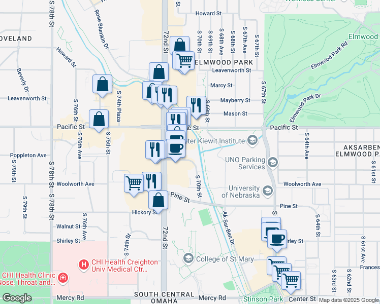 map of restaurants, bars, coffee shops, grocery stores, and more near 1222 South 71st Street in Omaha