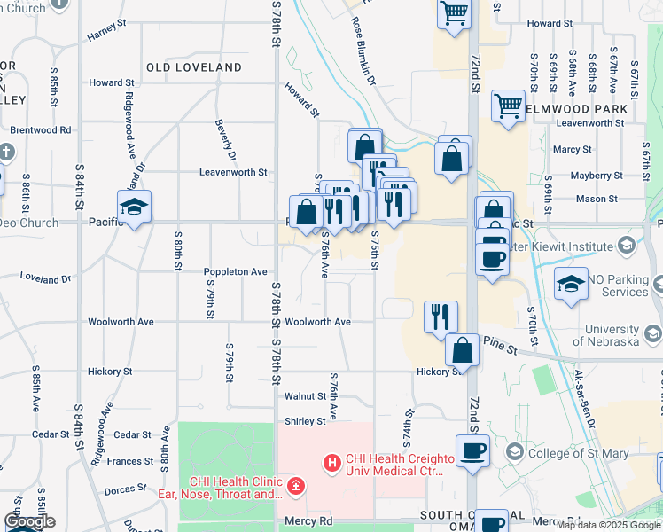 map of restaurants, bars, coffee shops, grocery stores, and more near 1215 Marbee Drive in Omaha
