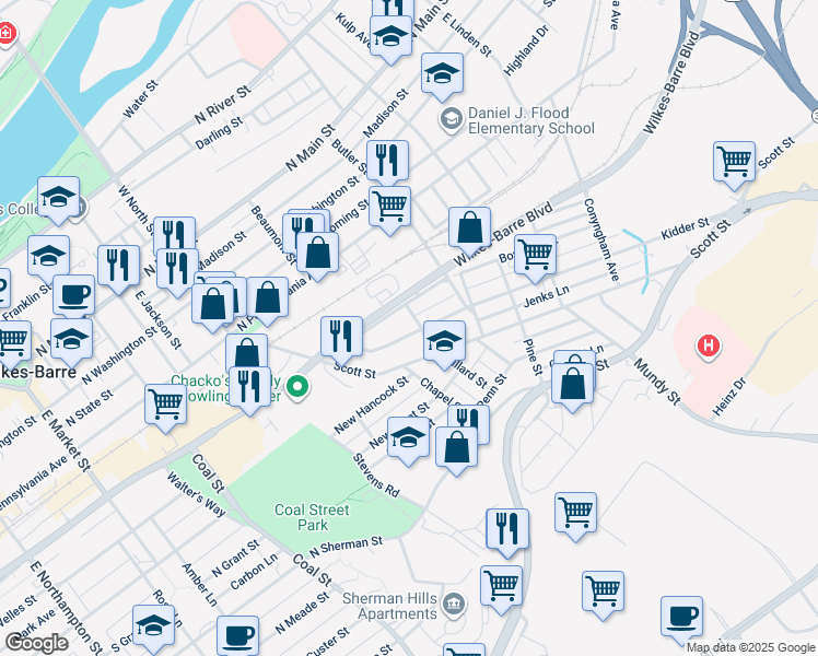 map of restaurants, bars, coffee shops, grocery stores, and more near 72 Kidder St in Wilkes-Barre
