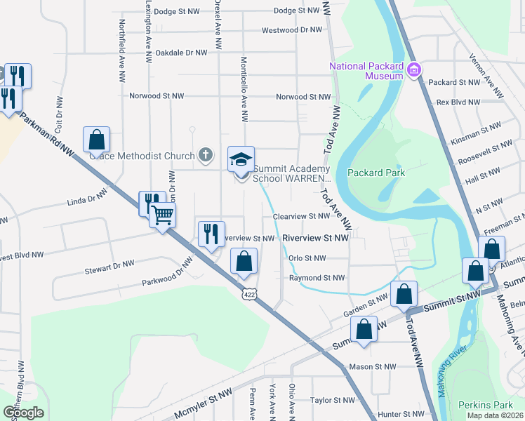 map of restaurants, bars, coffee shops, grocery stores, and more near 1316 Clearview Street Northwest in Warren