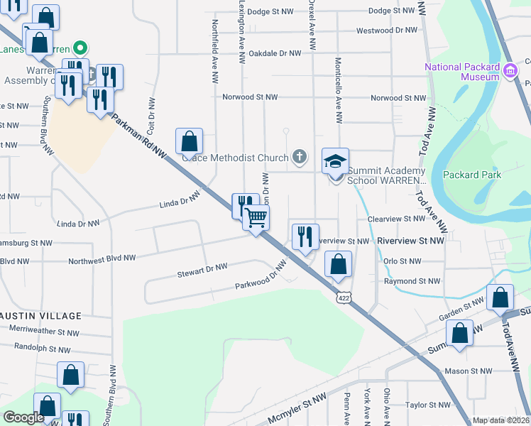 map of restaurants, bars, coffee shops, grocery stores, and more near 1502 Denison Avenue Northwest in Warren