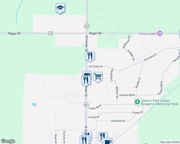 map of restaurants, bars, coffee shops, grocery stores, and more near 612 North Center Street in LaGrange