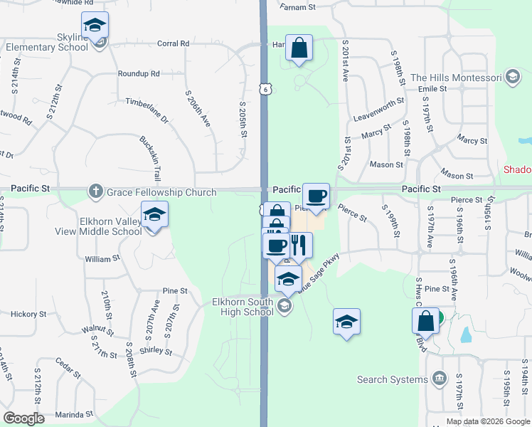 map of restaurants, bars, coffee shops, grocery stores, and more near 1101 South 204th Street in Omaha
