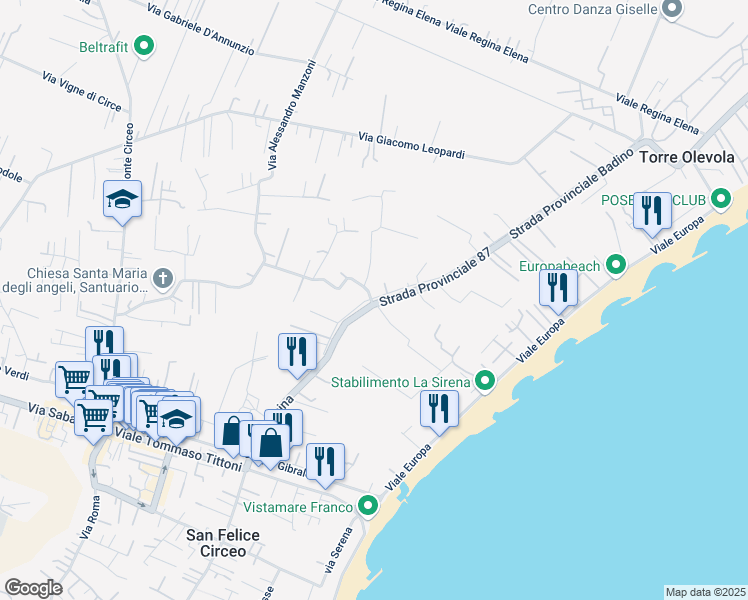map of restaurants, bars, coffee shops, grocery stores, and more near 144 Via Terracina in San Felice Circeo