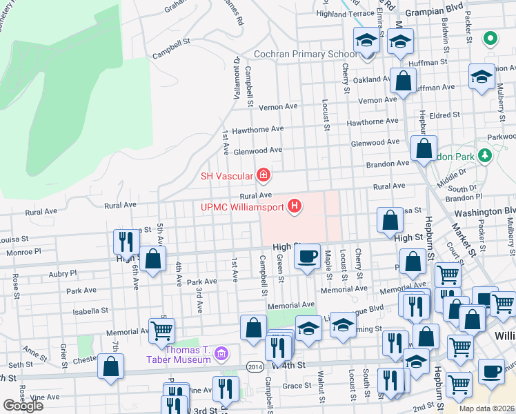 map of restaurants, bars, coffee shops, grocery stores, and more near Campbell Street in Williamsport