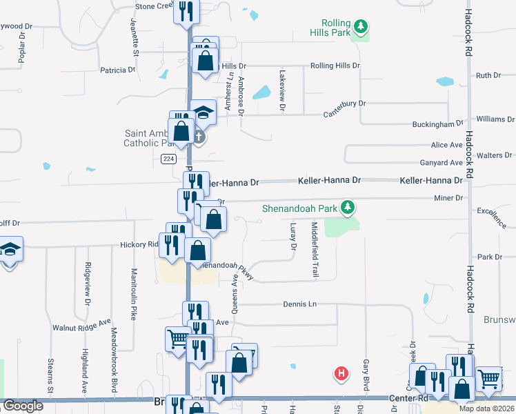 map of restaurants, bars, coffee shops, grocery stores, and more near 4202 Miner Drive in Brunswick