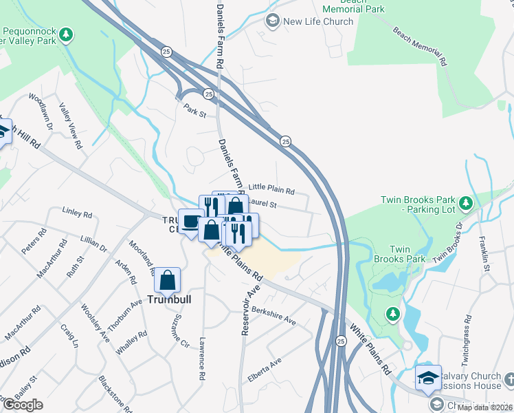 map of restaurants, bars, coffee shops, grocery stores, and more near 10 Laurel Street in Trumbull