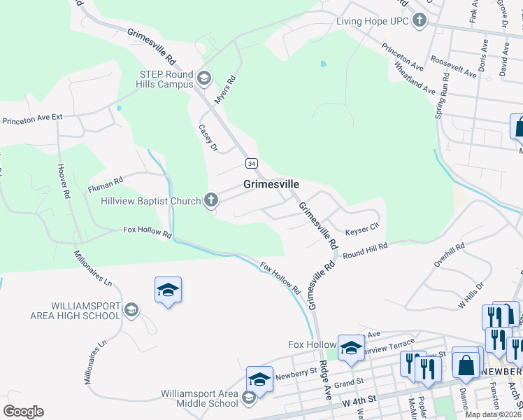 map of restaurants, bars, coffee shops, grocery stores, and more near 164 High Pines Road in Williamsport