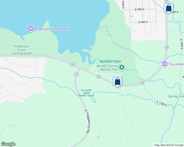 map of restaurants, bars, coffee shops, grocery stores, and more near 6486 East 900 South in Huntsville