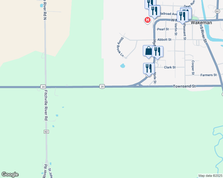 map of restaurants, bars, coffee shops, grocery stores, and more near 4915 U.S. 20 in Wakeman