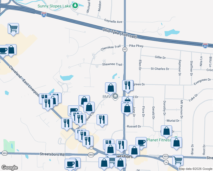 map of restaurants, bars, coffee shops, grocery stores, and more near 9411 Ohio 43 in Streetsboro