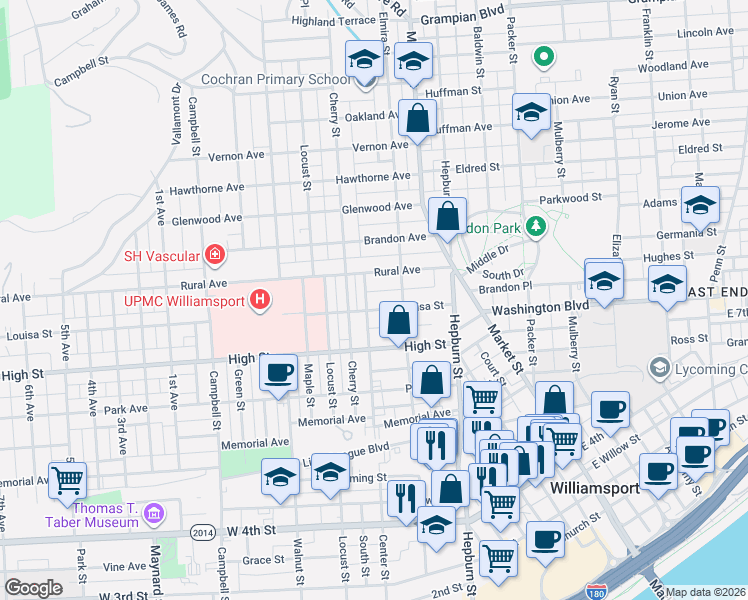 map of restaurants, bars, coffee shops, grocery stores, and more near 412 Louisa Street in Williamsport