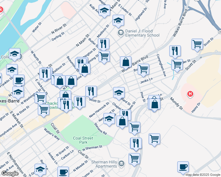 map of restaurants, bars, coffee shops, grocery stores, and more near 82 Kidder Street in Wilkes-Barre