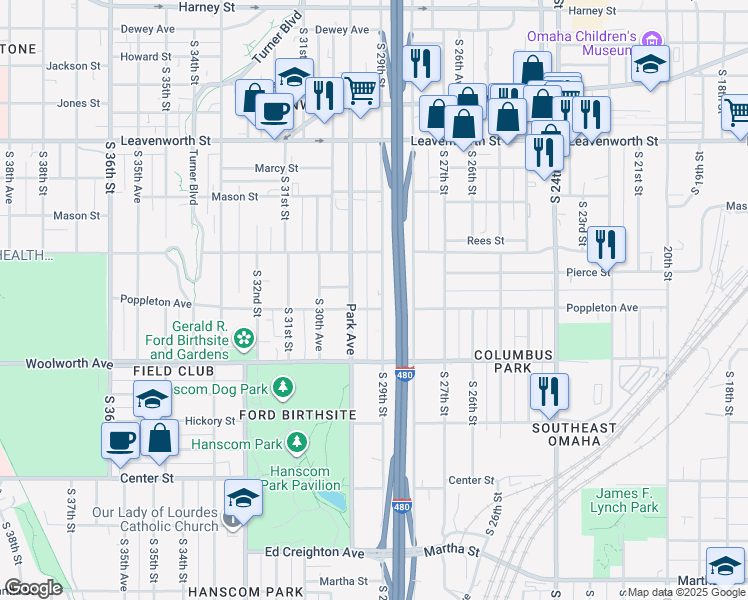 map of restaurants, bars, coffee shops, grocery stores, and more near in Omaha