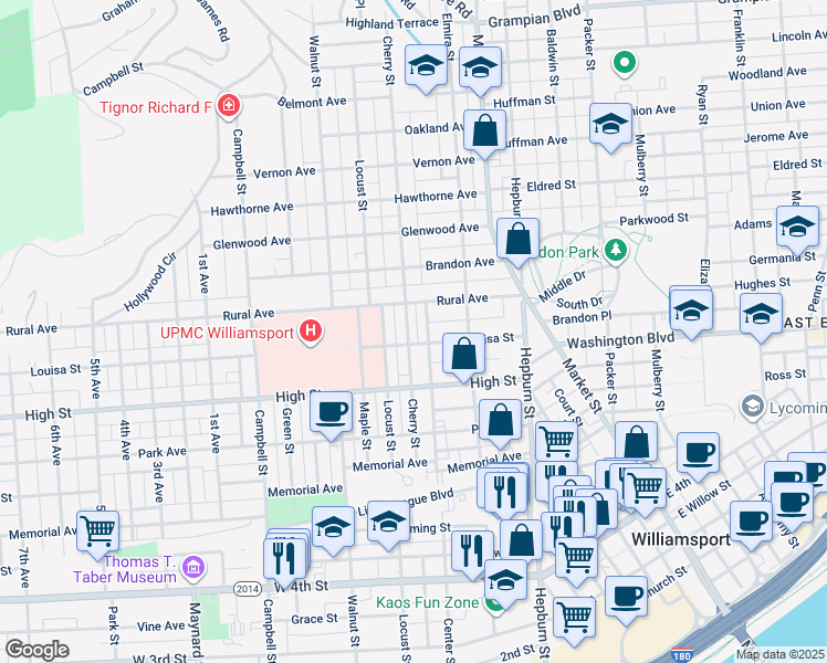 map of restaurants, bars, coffee shops, grocery stores, and more near 808 Cherry Street in Williamsport