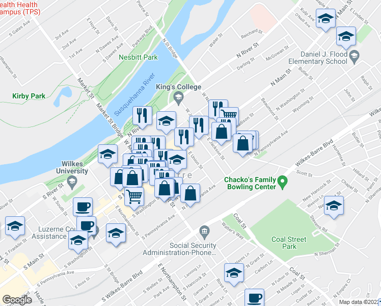 map of restaurants, bars, coffee shops, grocery stores, and more near 16 East Union Street in Wilkes-Barre