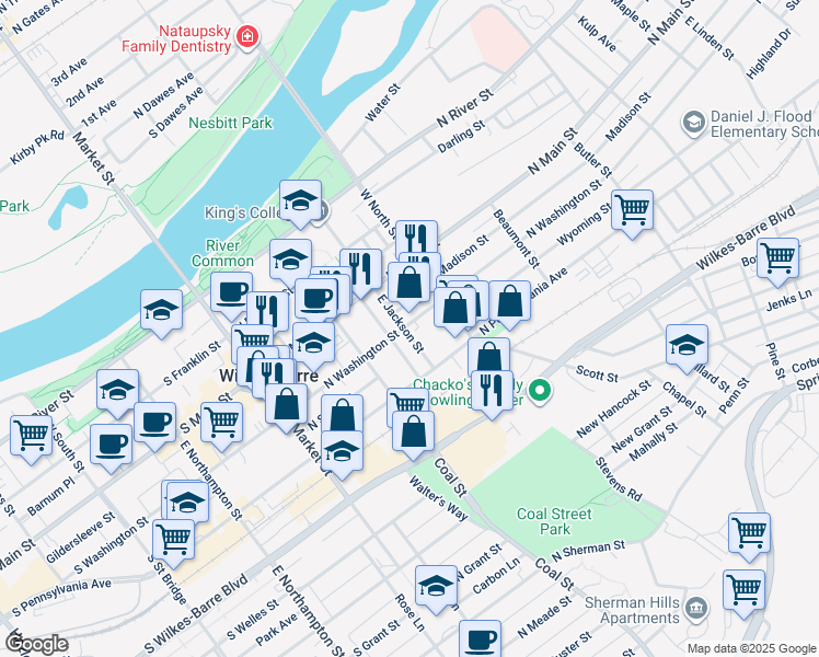 map of restaurants, bars, coffee shops, grocery stores, and more near 53 East Jackson Street in Wilkes-Barre