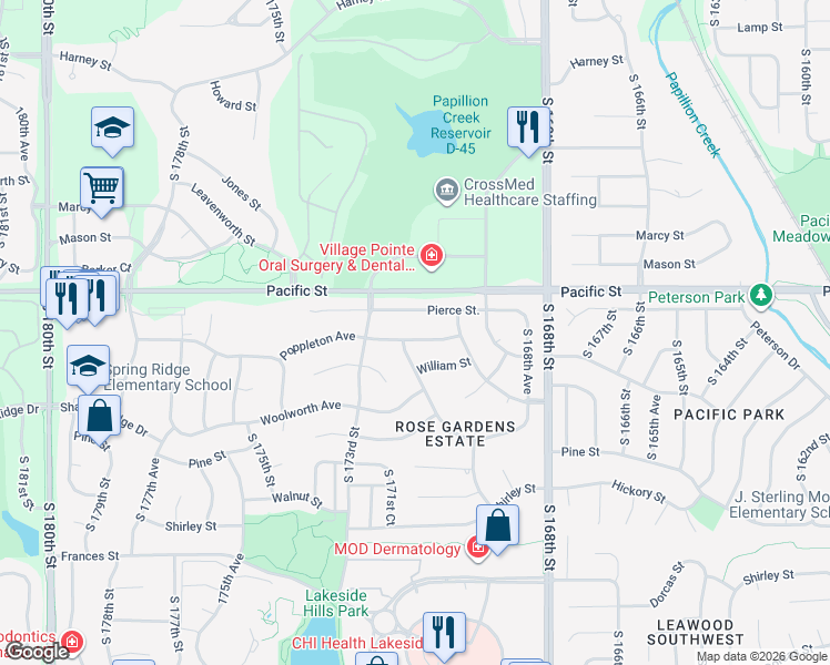 map of restaurants, bars, coffee shops, grocery stores, and more near 17011 Poppleton Avenue in Omaha