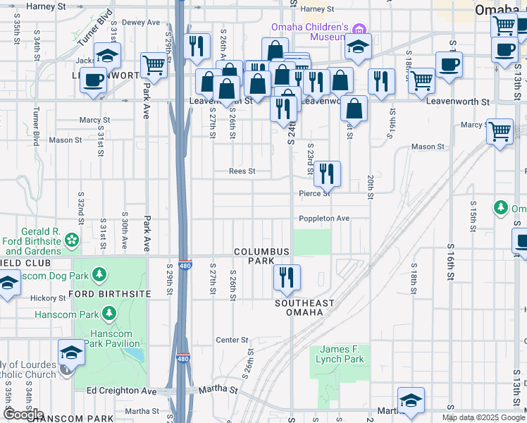 map of restaurants, bars, coffee shops, grocery stores, and more near 2514 Poppleton Avenue in Omaha
