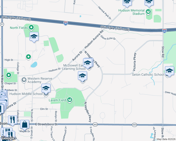 map of restaurants, bars, coffee shops, grocery stores, and more near 280 North Hayden Parkway in Hudson
