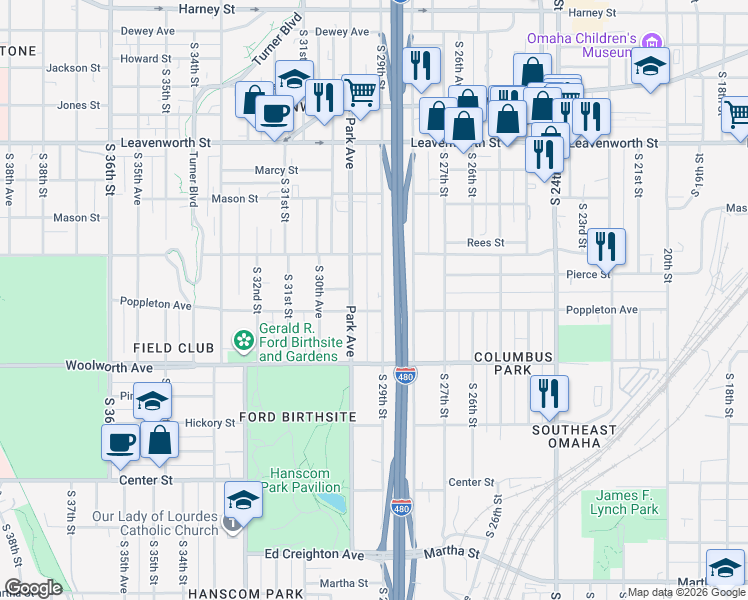 map of restaurants, bars, coffee shops, grocery stores, and more near 1142 South 29th Street in Omaha