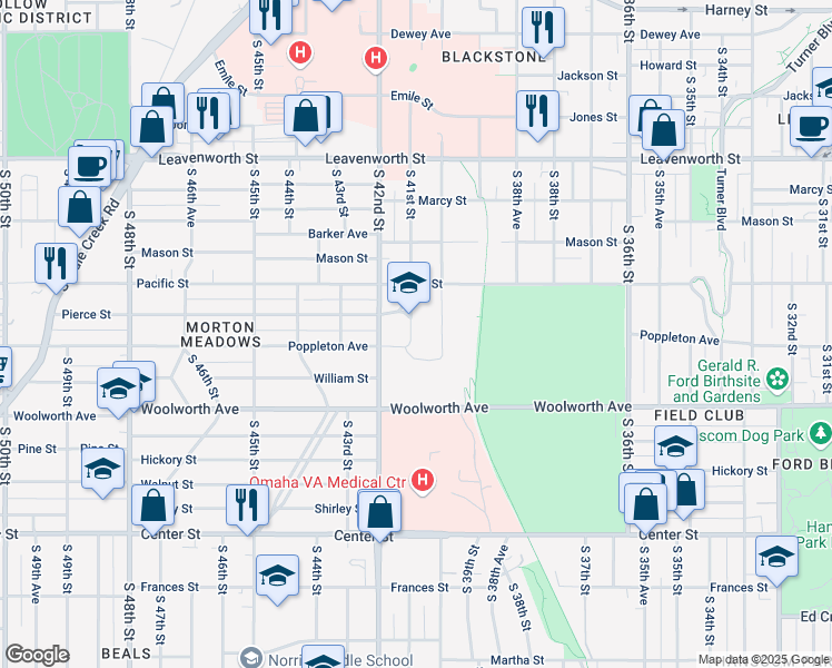 map of restaurants, bars, coffee shops, grocery stores, and more near 1301 South 41st Street in Omaha
