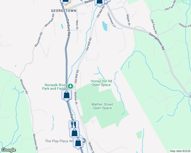 map of restaurants, bars, coffee shops, grocery stores, and more near 26 Old Huckleberry Road in Wilton