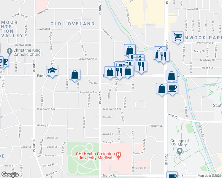 map of restaurants, bars, coffee shops, grocery stores, and more near 1307 Marbee Drive in Omaha